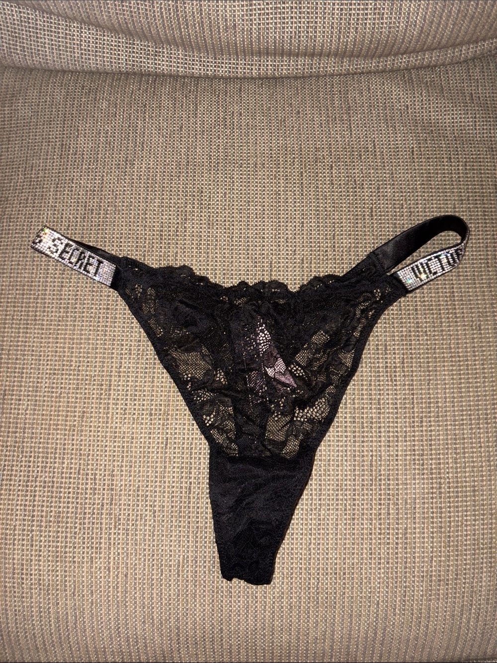NWT Victoria's Secret Black Lace Thong with Branded Rhinestone Hip Straps